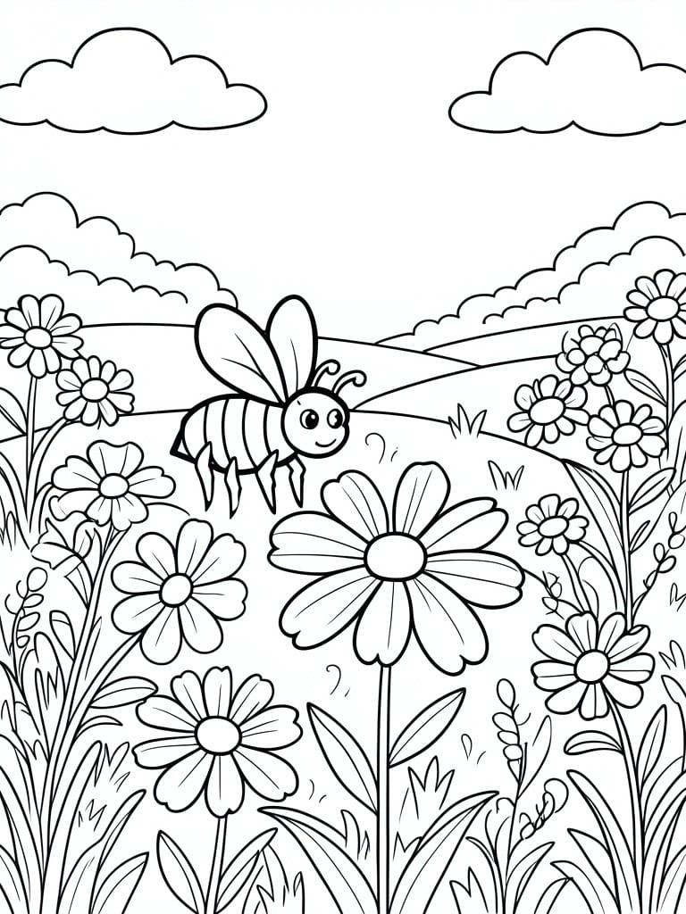 A black and white line drawing of a bee flying among flowers in a field with clouds and hills in the background.