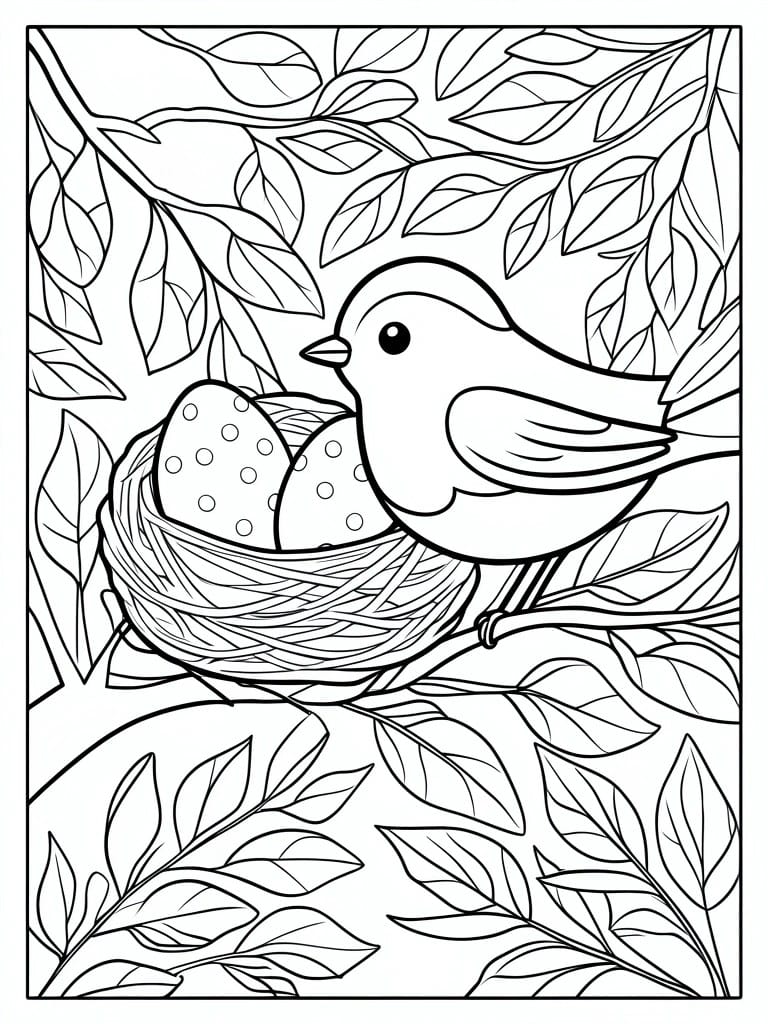 Coloring page featuring a bird next to a nest containing two eggs on a leafy tree branch.