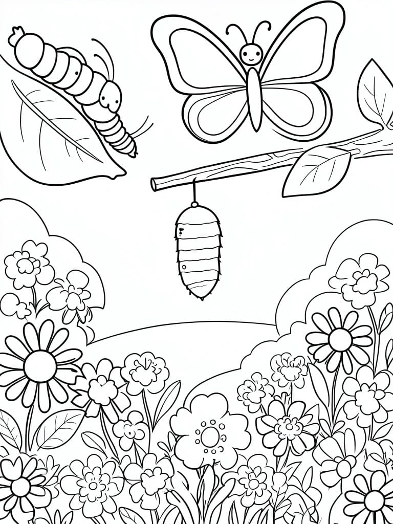 Butterfly life cycle coloring page with caterpillar, chrysalis, butterfly, and flowers.