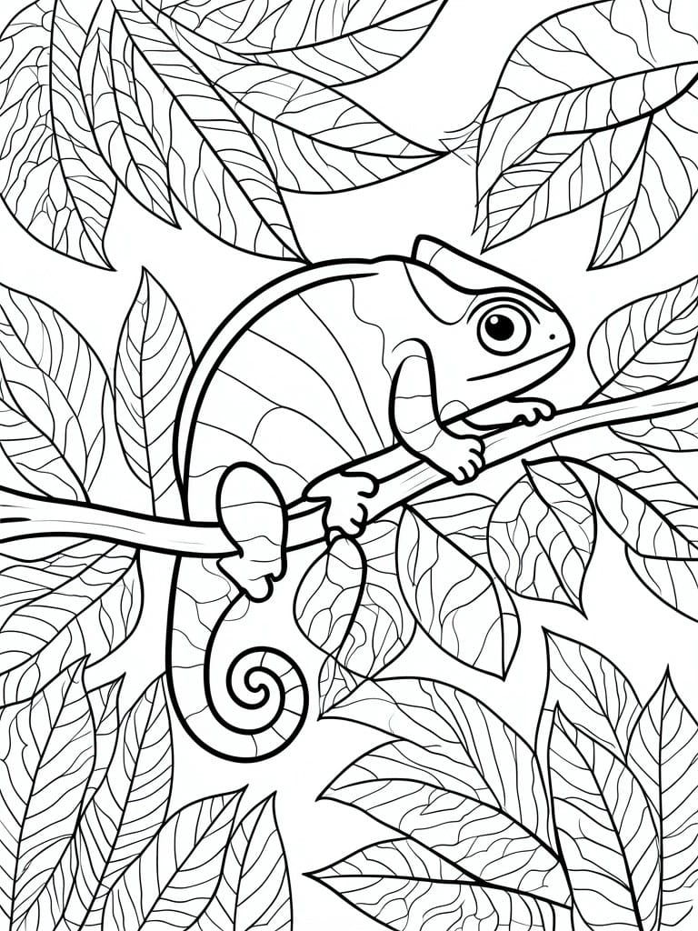 Line drawing of chameleon on leafy branch in coloring book style.