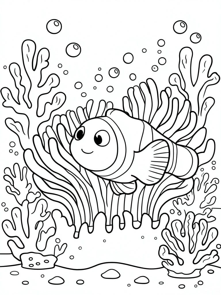 Clownfish swimming among coral and seaweed with rising bubbles in line art