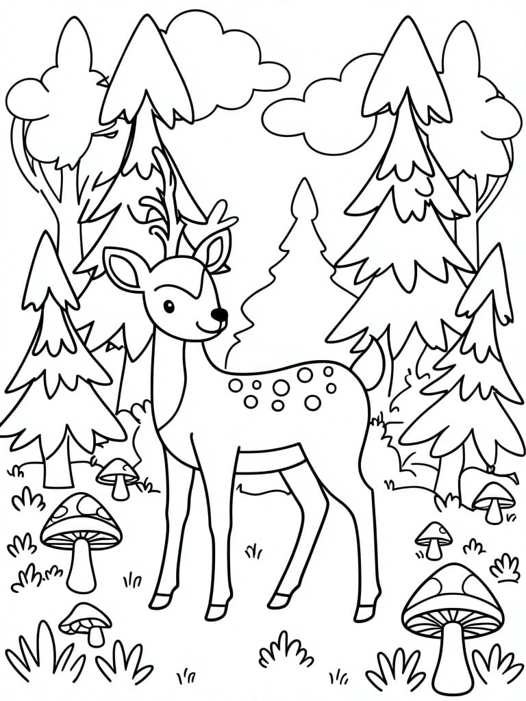 Cartoon deer in forest with pine trees, mushrooms, and clouds line drawing.