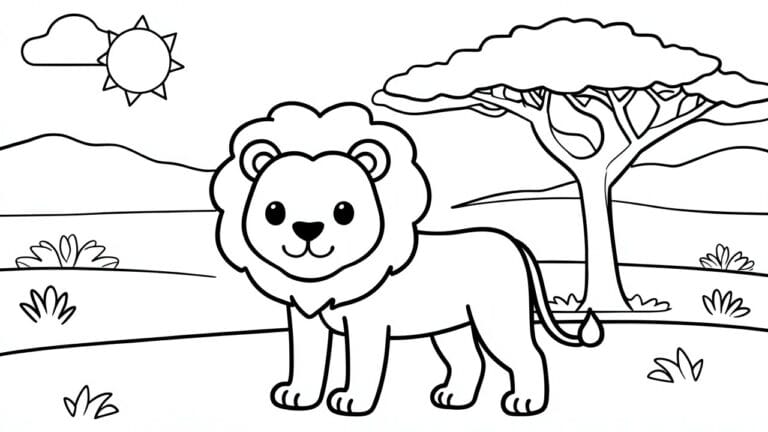 Cartoon lion in savanna with acacia trees and sun in sky