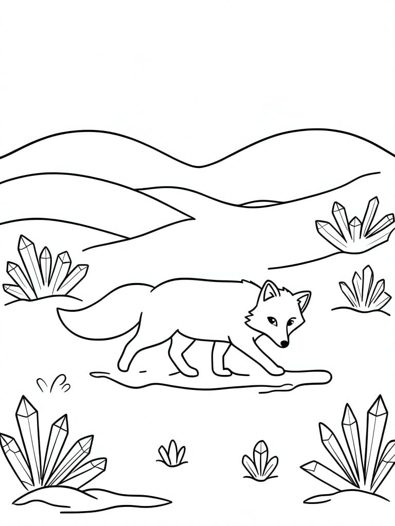 Line art of fox walking past crystal formations amid wavy hills.