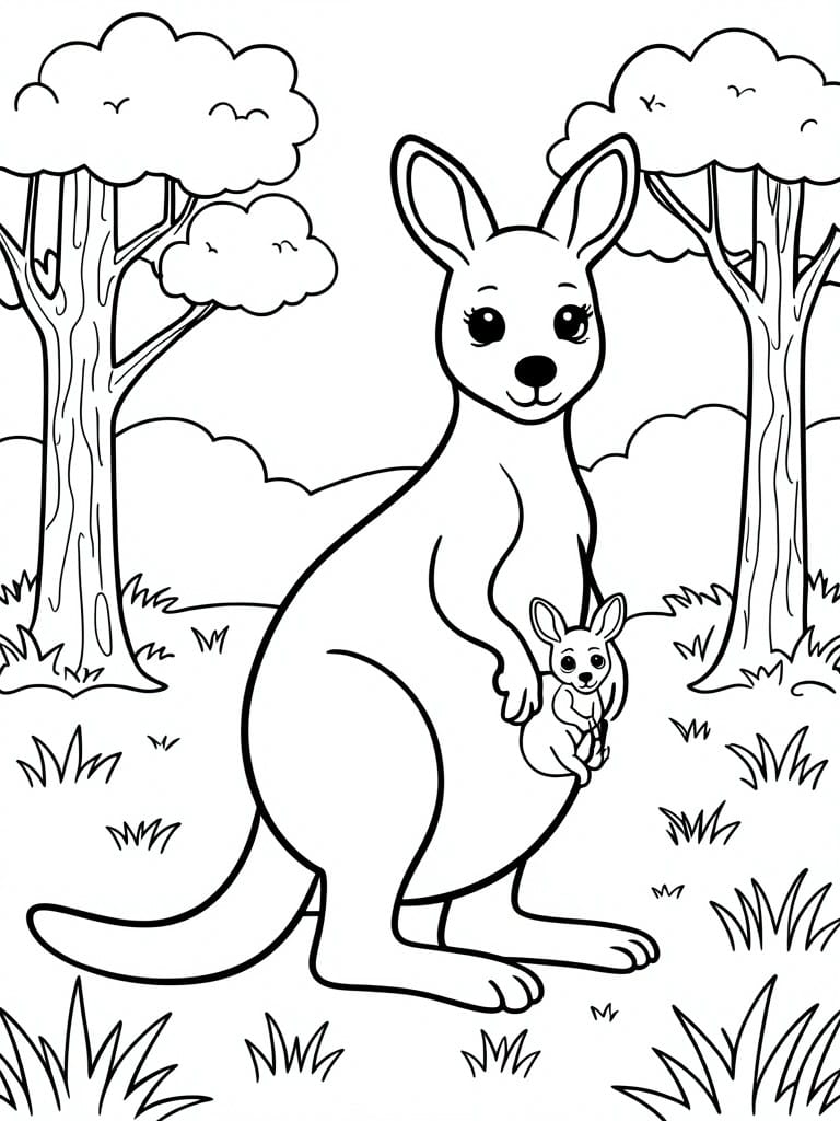 A black and white line drawing of a mother kangaroo with a joey in her pouch standing among trees and grass under clouds.