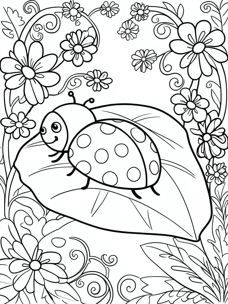 Coloring book page of smiling spotted ladybug on leaf amid flowers and vines