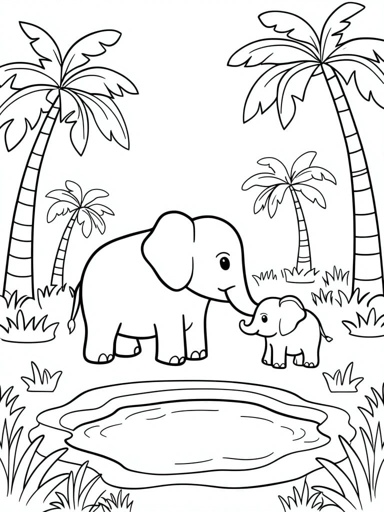 A black and white line drawing shows an adult elephant and a baby elephant standing near several palm trees with a pond in the foreground.