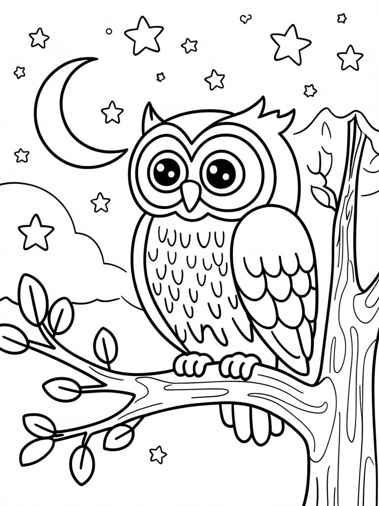 Owl perched on tree branch under crescent moon with stars at night