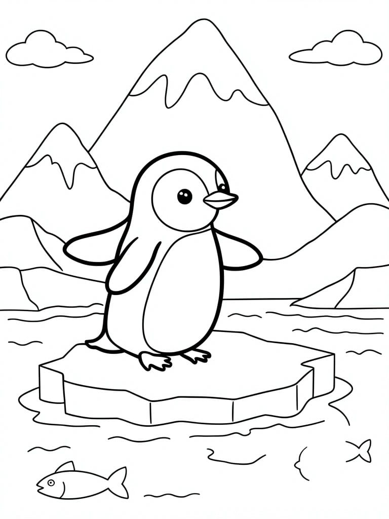 Cartoon penguin on iceberg amid snowy mountains, ocean waves, and swimming fish