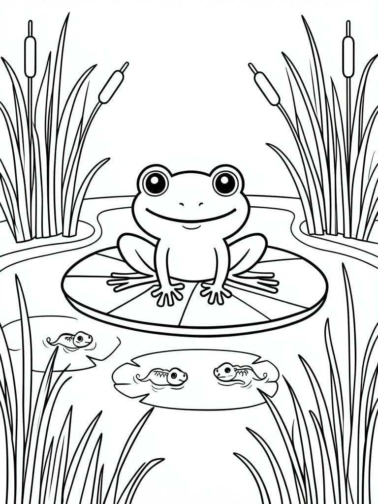 Coloring page of a large frog on a lily pad with tadpoles in the water and reeds around the pond.