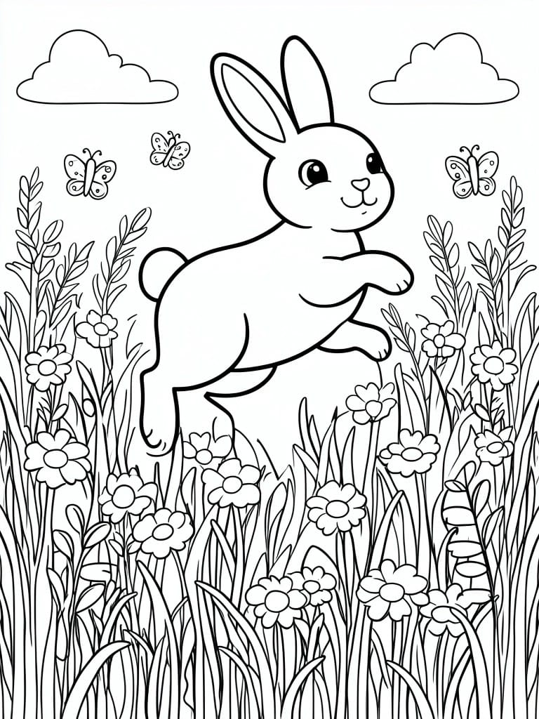 A black and white line drawing of a cartoon bunny jumping through flowers and grass with butterflies and clouds.