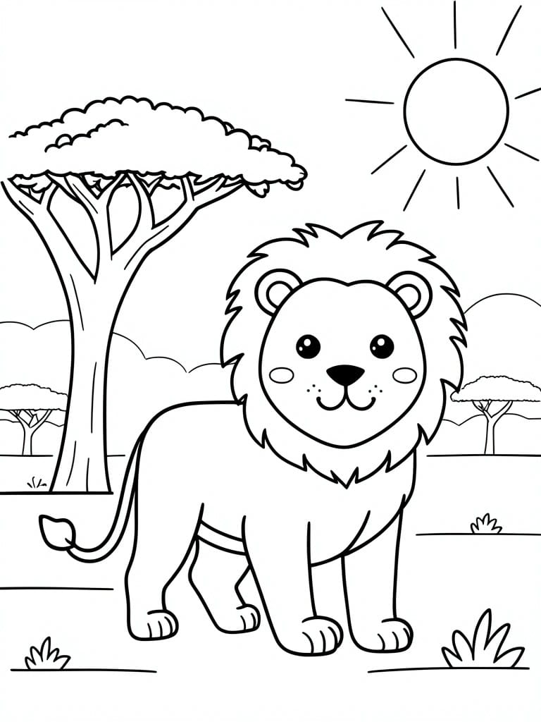 Cartoon lion in savanna with acacia trees and sun in sky