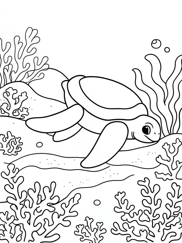 Line art of sea turtle swimming among coral reefs with rising bubbles.