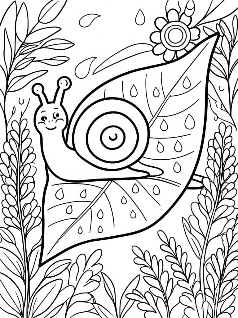 Cartoon snail on large leaf with raindrops amid plants and flowers