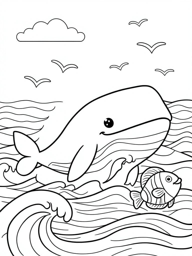 Cartoon whale and fish amid ocean waves with seagulls and clouds in line art style
