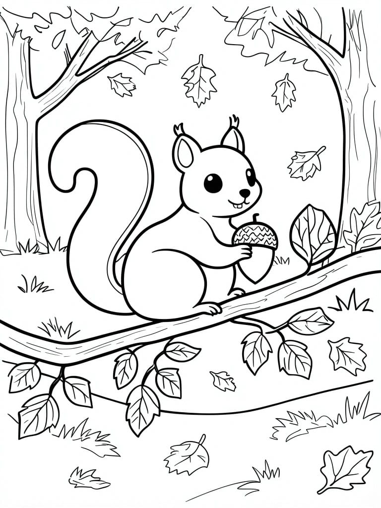 A black and white line drawing of a squirrel on a tree branch holding an acorn with trees and leaves around it.