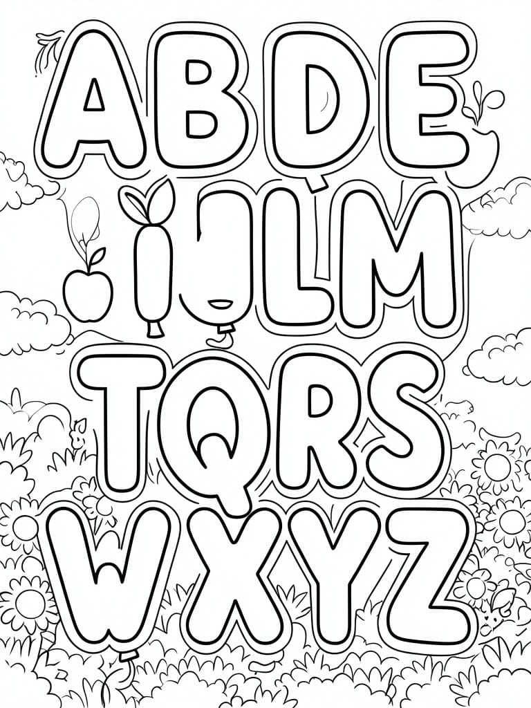 Coloring page with large alphabet letters amid flowers, plants, clouds, and a bunny.