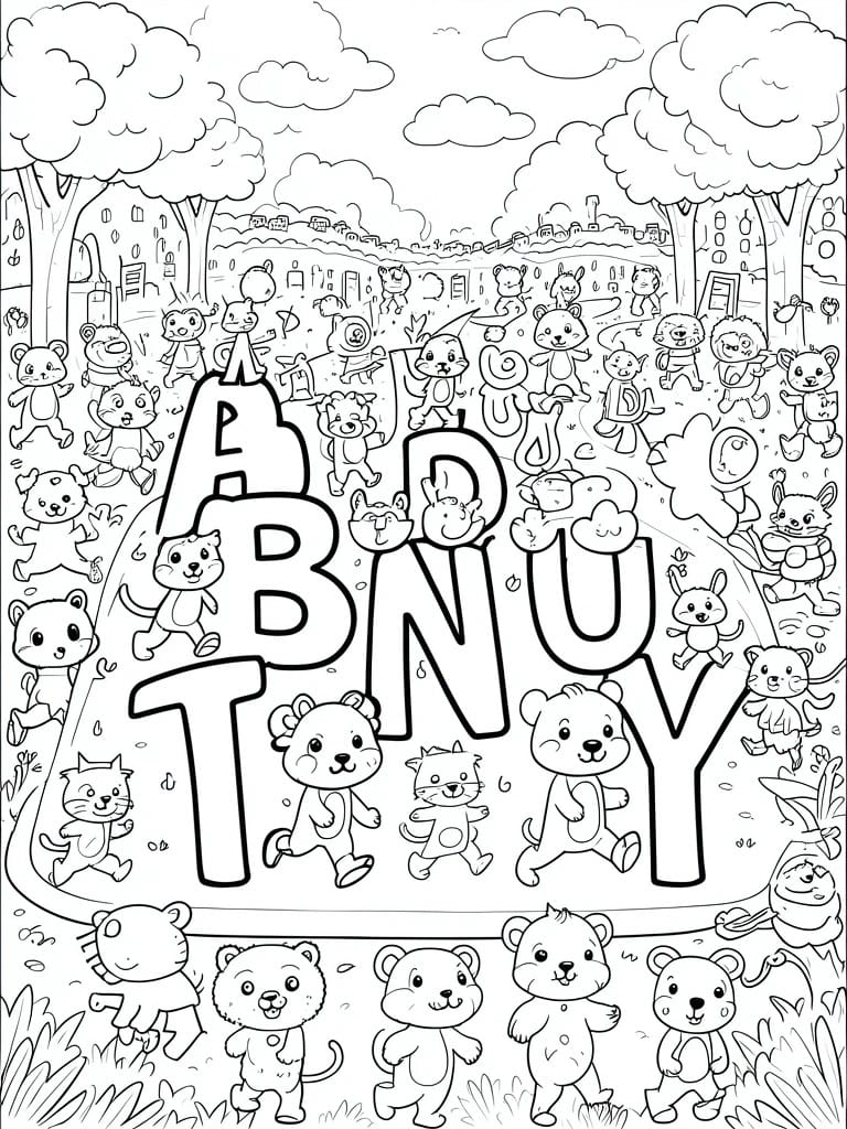 Coloring page of cartoon animals playing around large letters in a park