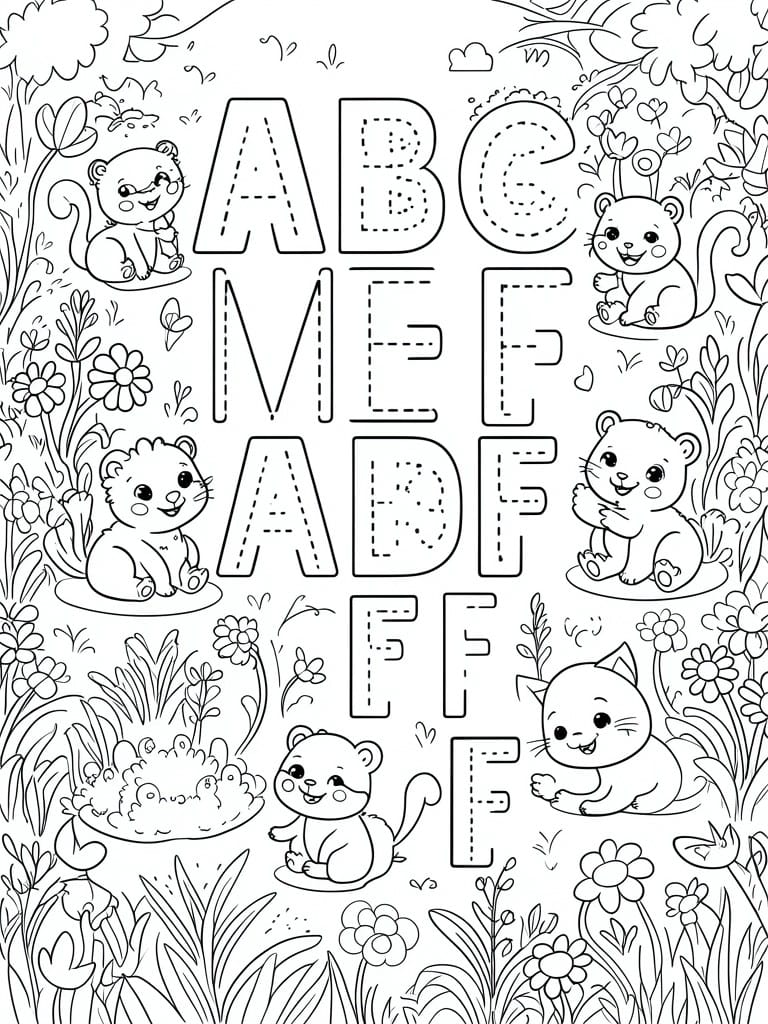 A black and white coloring page with large traceable letters mixed among cute animal drawings and plants.