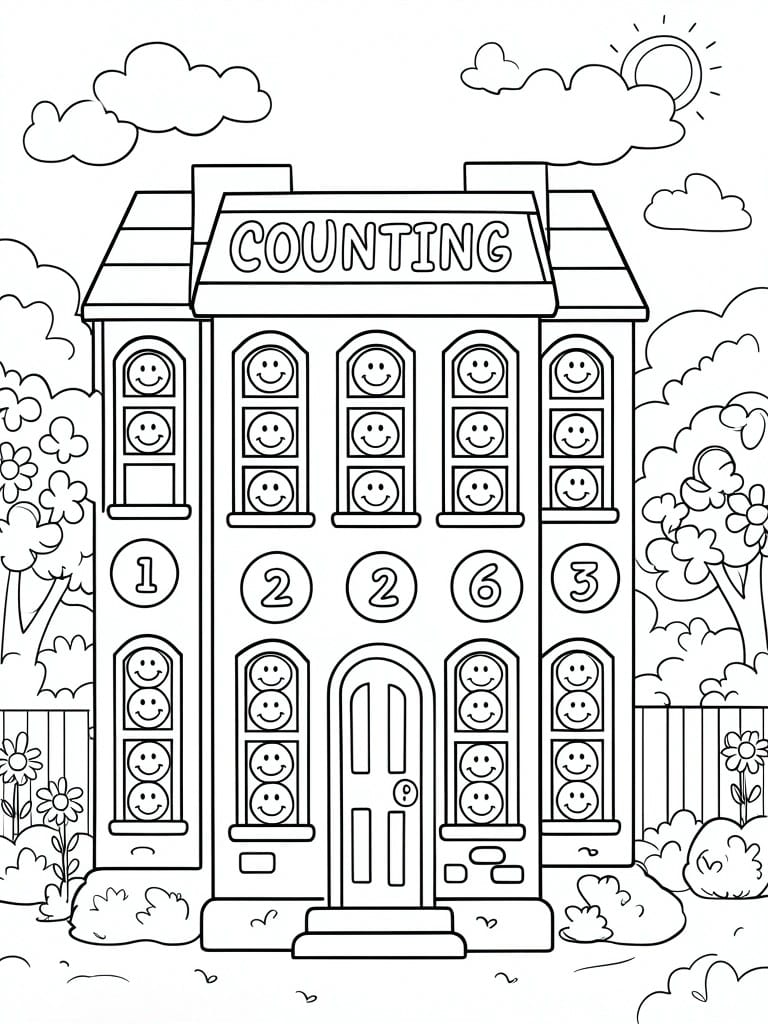 A black and white line drawing of a multi-story building labeled Counting, with smiley faces filling the windows and numbers 1, 2, 2, 6, and 3 shown below five sections, plus trees, bushes, and clouds around the building.