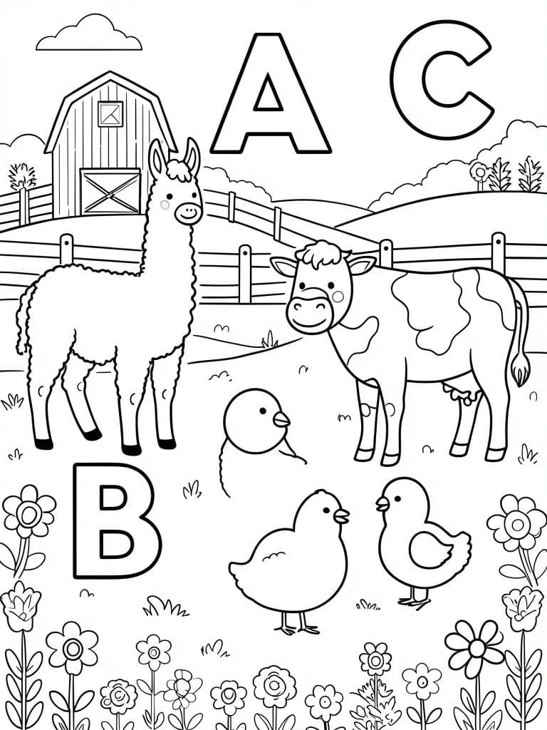 Coloring page with alpaca, cow, chicks, barn, flowers and letters A B C