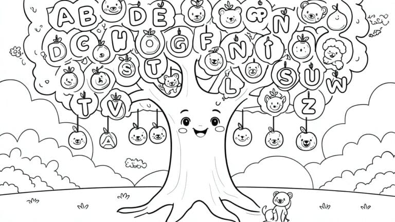 A black and white coloring page shows a large tree with a smiling face, letters scattered in the leaves, bears and a rabbit on the ground, and fruits hanging from the branches.