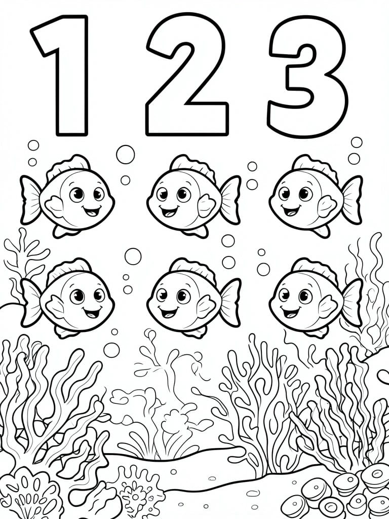 Coloring page with numbers 1 2 3 above six cartoon fish and coral underwater.