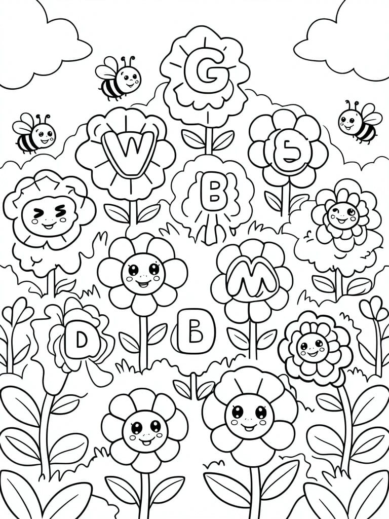 Coloring page with cartoon flowers, bees, clouds, and alphabet letters.