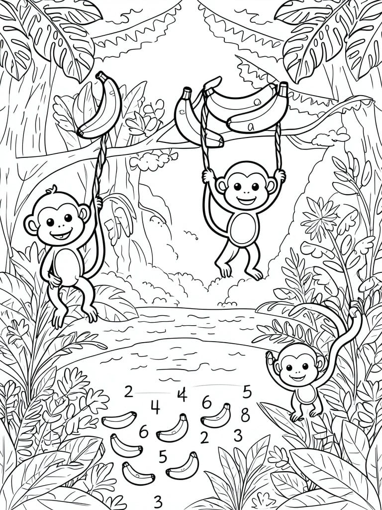 Black and white line drawing of monkeys in a jungle with bananas and scattered numbers next to banana shapes.