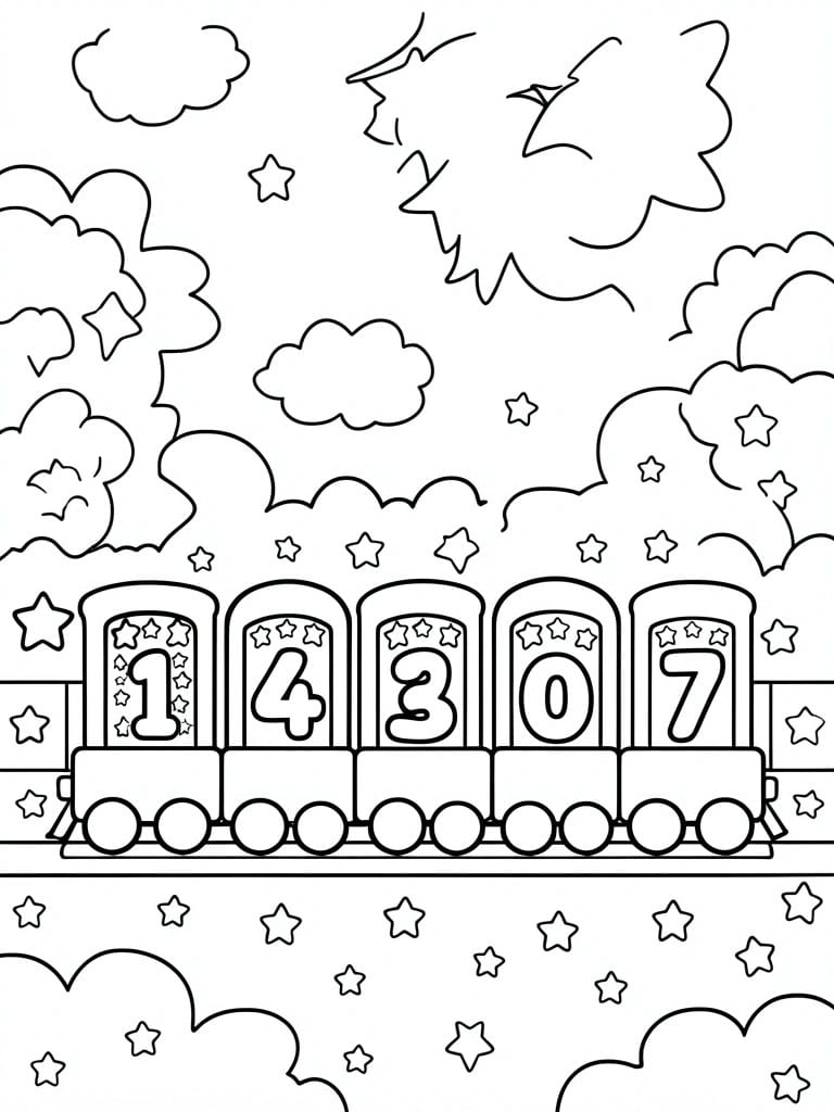 Coloring page of train cars numbered 14307 under starry sky with moon and clouds.