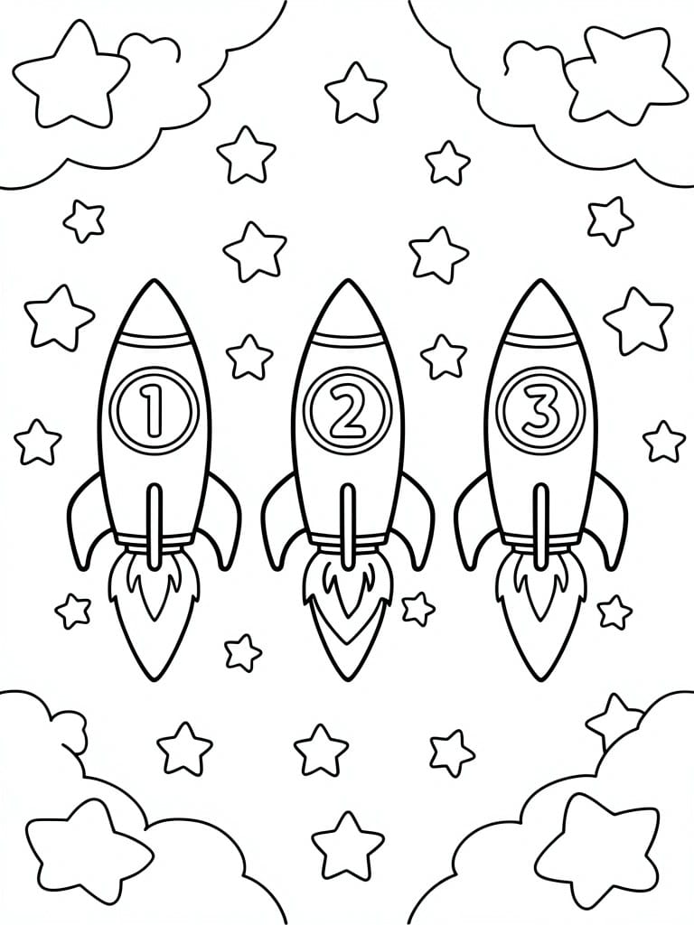 Three numbered rockets amid stars and clouds on a coloring page.