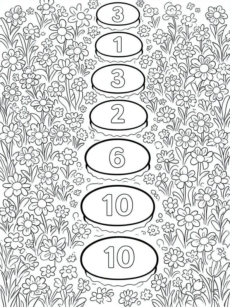 A black and white coloring page shows a vertical path of seven oval stepping stones labeled with the numbers 3, 1, 3, 2, 6, 10, and 10, set among flowers and grass.