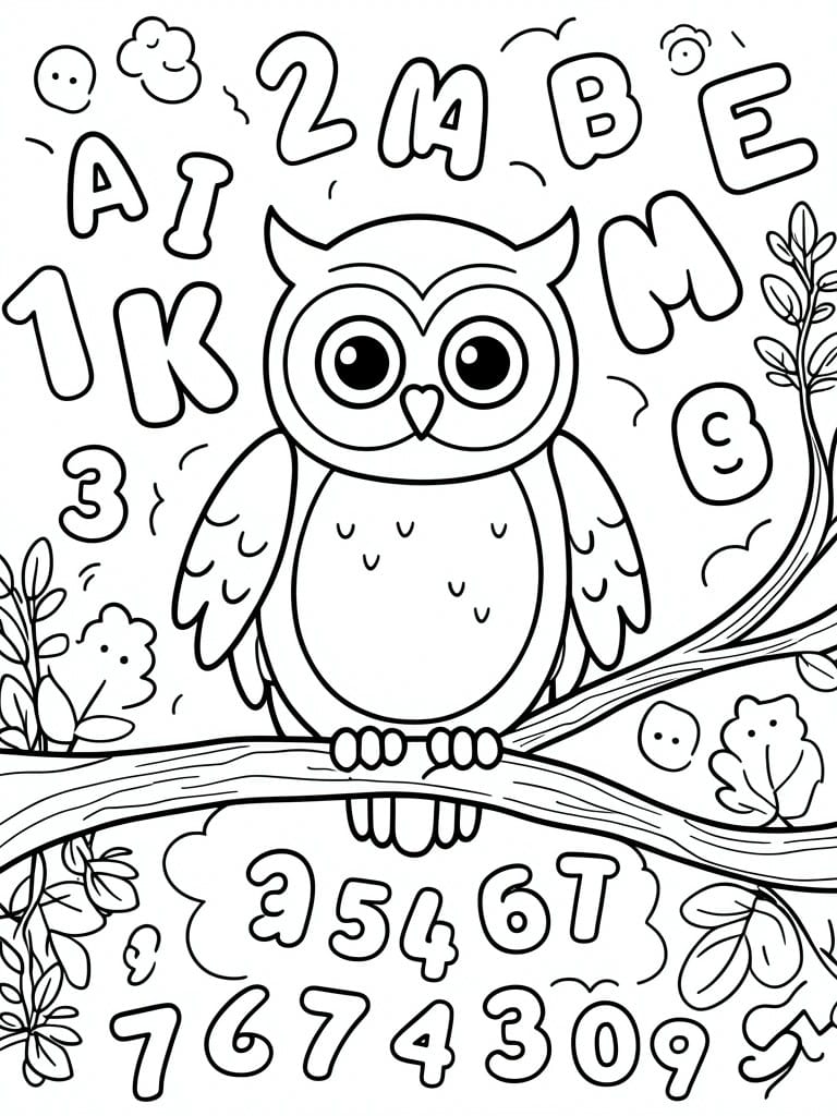 A black and white line drawing of an owl on a branch surrounded by scattered letters A through M and numbers 0 through 7 with leaves and small cloud shapes.