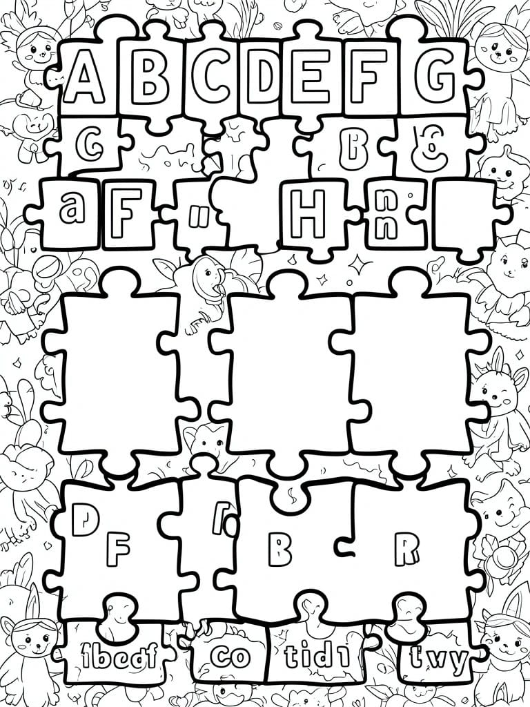 A black and white coloring page showing puzzle pieces with letters A through H and animal characters scattered around the edges.