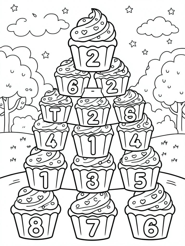 Coloring page of numbered cupcakes stacked pyramid-style beneath stars and trees.