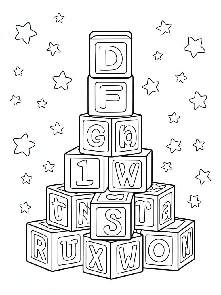 A coloring page showing alphabet blocks stacked in a pyramid with stars scattered in the background.