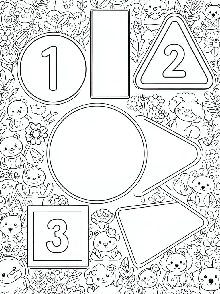 Coloring page with numbered shapes 1-3 amid cute animals and flowers