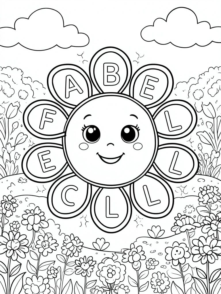 Coloring page of smiling sun with lettered petals amid garden flowers and clouds