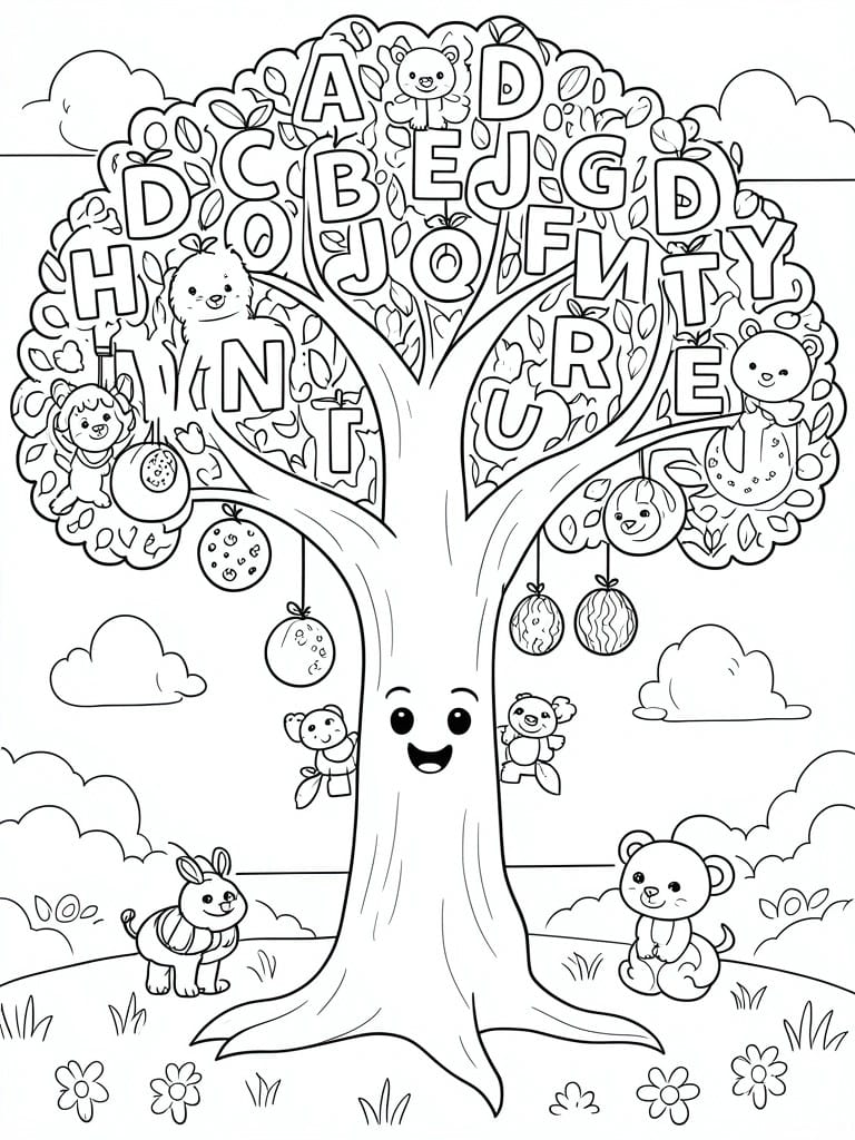 A black and white coloring page shows a large tree with a smiling face, letters scattered in the leaves, bears and a rabbit on the ground, and fruits hanging from the branches.