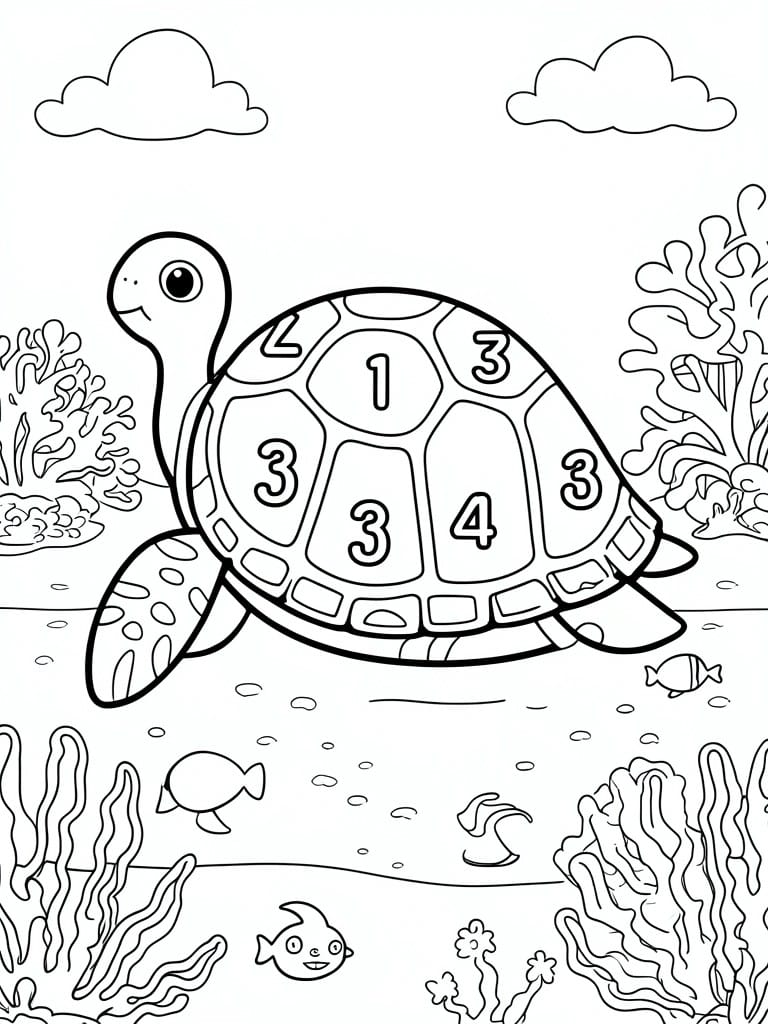 A black and white line drawing of a sea turtle with numbers 1 through 4 on its shell in an underwater scene with fish and coral.