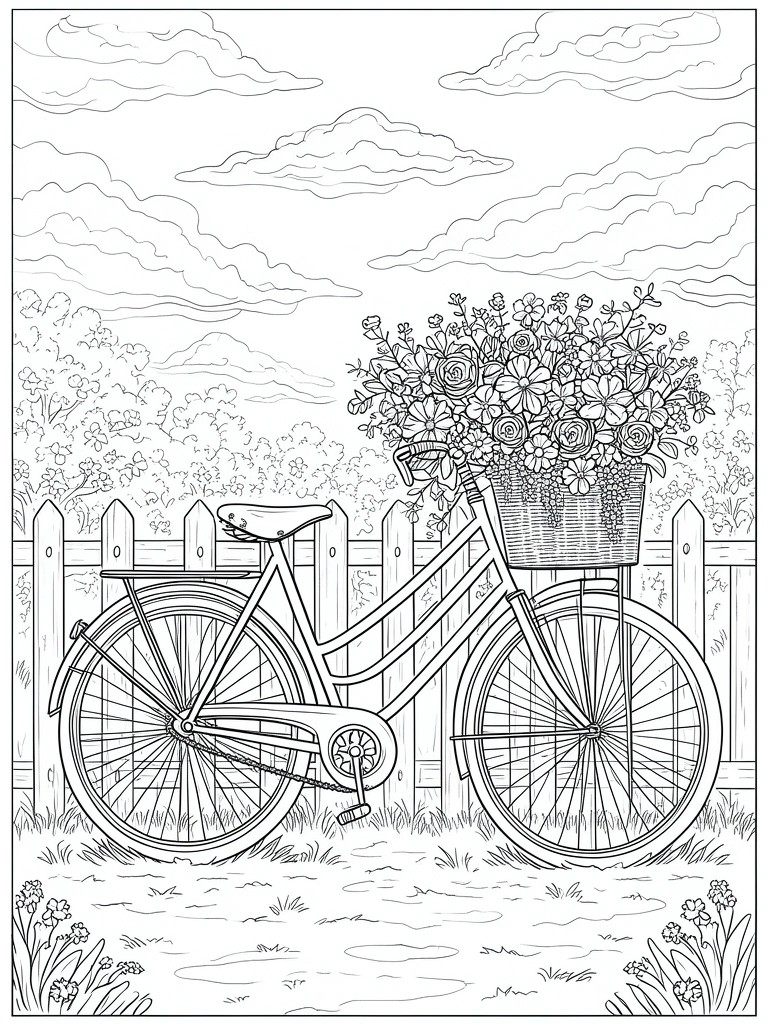 Coloring page of bicycle with overflowing flower basket against wooden picket fence