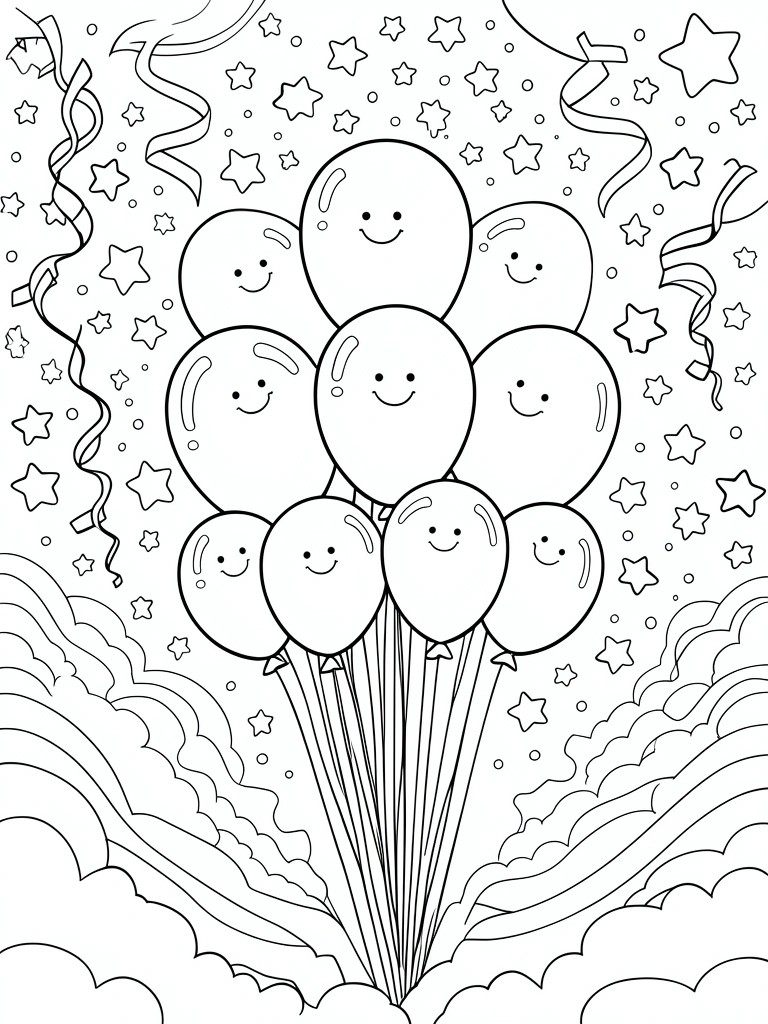 A black and white line drawing shows a cluster of balloons with smiling faces, ribbons, and stars above wavy cloud-like shapes at the bottom.