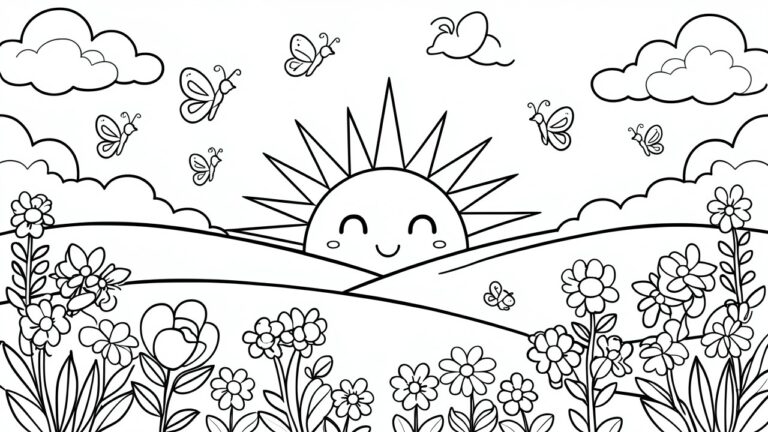 20 Uplifting Coloring Pages That Help Shift a Low-Energy Mood A black and white coloring page with a smiling sun above hills, flowers, butterflies, birds, and clouds.
