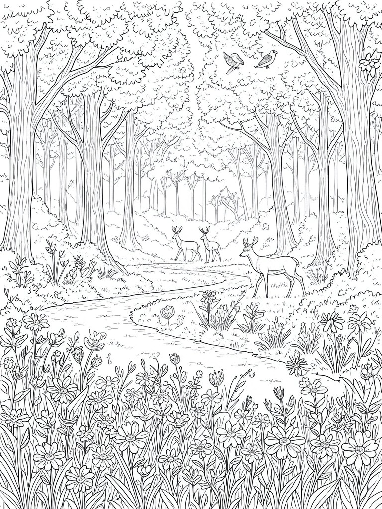 A black and white line drawing of a forest scene with three deer, two birds, a winding stream, tall trees, and dense flowers in the foreground.