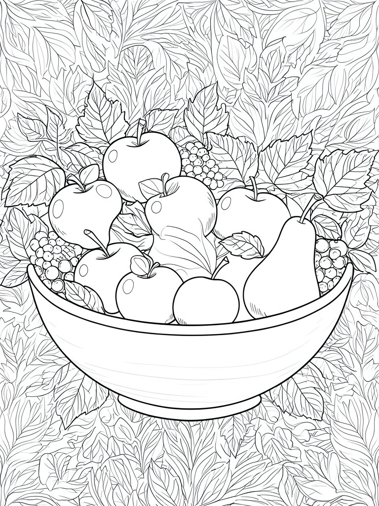 A black and white line drawing of a bowl filled with apples, a pear, and berries, surrounded by leaves.