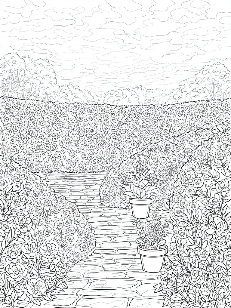 A black and white line drawing of a stone garden path bordered by dense flower bushes with two potted plants placed along the walkway.