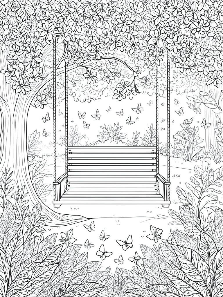 Coloring page of wooden swing hanging in flower-filled garden with butterflies