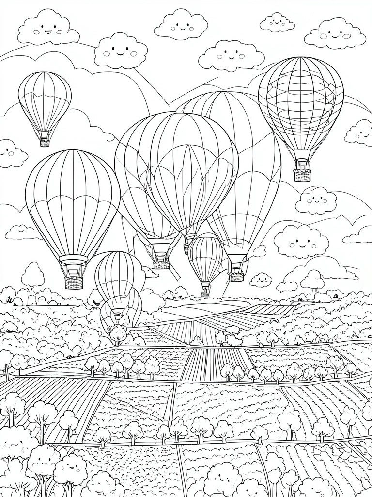 Black and white illustration of hot air balloons over countryside with smiling clouds