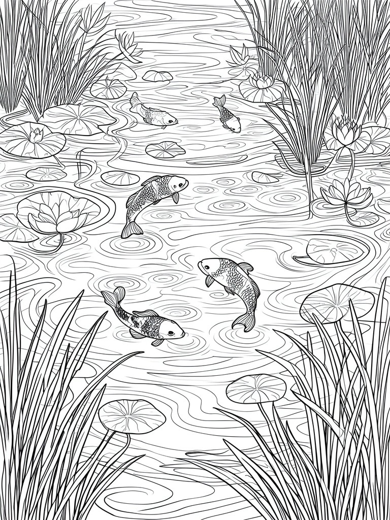 A black and white line drawing of a pond with five koi fish, lily pads, lotus flowers, and tall reeds.