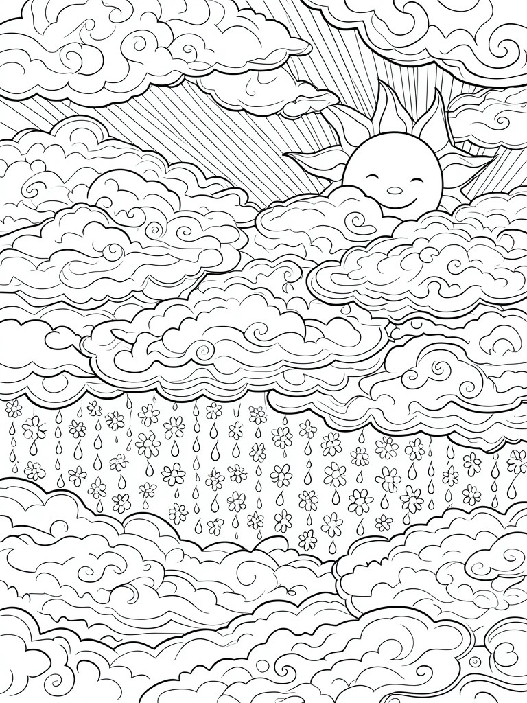 Coloring page of smiling sun behind clouds with raindrops and flowers below